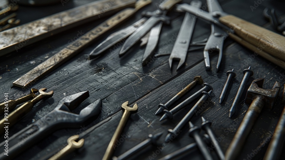 Poster Various tools neatly arranged on a table, suitable for DIY projects