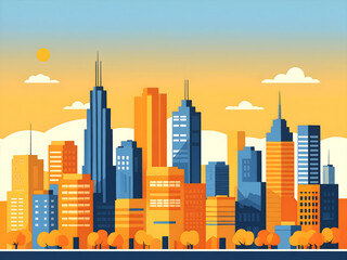 Obraz premium Flat vector illustration of a city skyline with a blue sky
