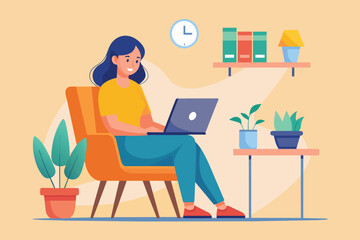 Fototapeta na wymiar A woman is seated in a chair, using a laptop for online shopping, Online shopping woman sitting in chair using laptop, Simple and minimalist flat Vector Illustration