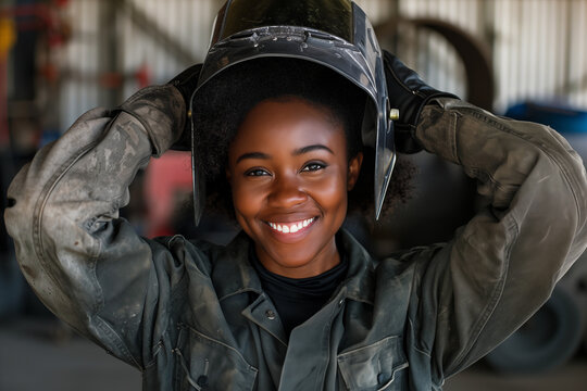 Portrait of smiling black female welder posing and smiling confidently while working at industrial plant.