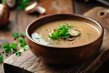 Fotobehang Freshly made mushroom soup on a wooden cutting board. Perfect for food blogs or recipe websites © Fotograf