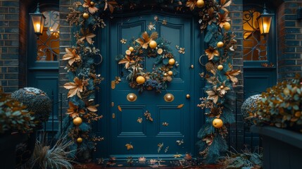   A blue front door adorned with a wreath and Christmas decorations; one side exhibits additional festive hangings Lights gracefully frame the side