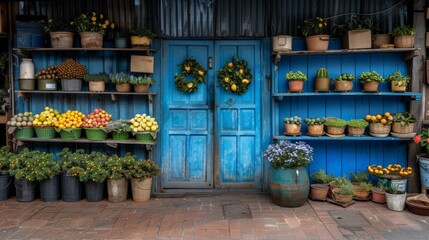   A blue door flanked by potted plants..Or:..A blue door surrounded by potted plants