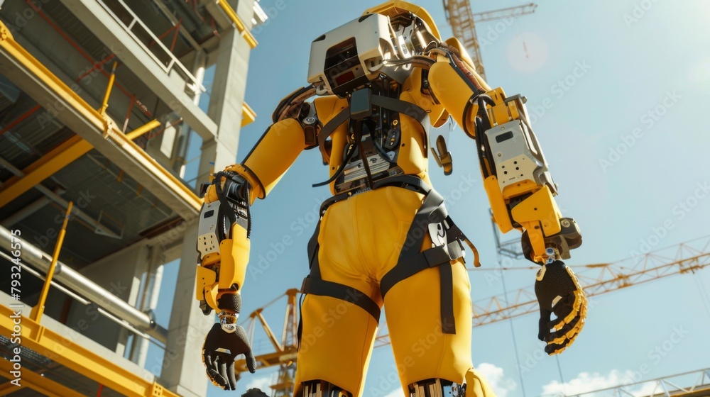 Poster yellow and black robot standing by building