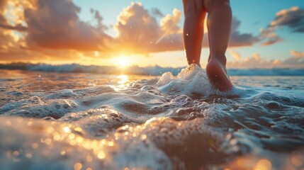 A woman's feet are standing in the water at sunset. Generative AI. - Powered by Adobe
