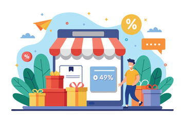 A man stands holding presents in front of a store, showcasing online shopping benefits, online store discounts and free delivery, Simple and minimalist flat Vector Illustration