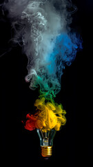 A light bulb explodes with rainbow colors smoke, Creative new idea, brainstorming concept.