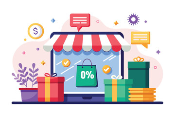 Naklejka premium Storefront displaying a sale sign with various presents beside it, Online store promotion, discount, big sale, Simple and minimalist flat Vector Illustration