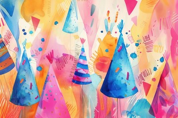 Colorful painting of festive party hats, perfect for celebration themes