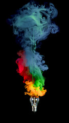 A light bulb explodes with rainbow colors smoke, Creative new idea, brainstorming concept.