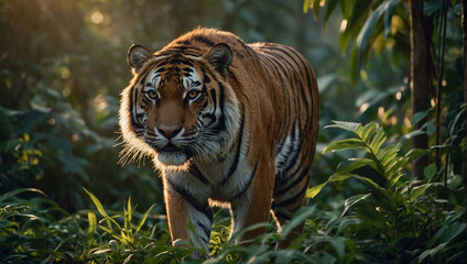 Default A photo of a tiger prowling through the dense jungle at dawn - obrazy, fototapety, plakaty