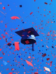 A graduation cap is flying in the air with confetti. Generative AI.