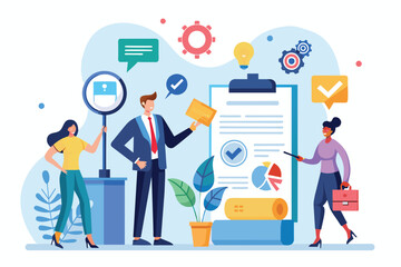 Group of People Discussing Checklist on Clipboard, Open recruitment looking for new employee, finding human resources for job, Simple and minimalist flat Vector Illustration - obrazy, fototapety, plakaty