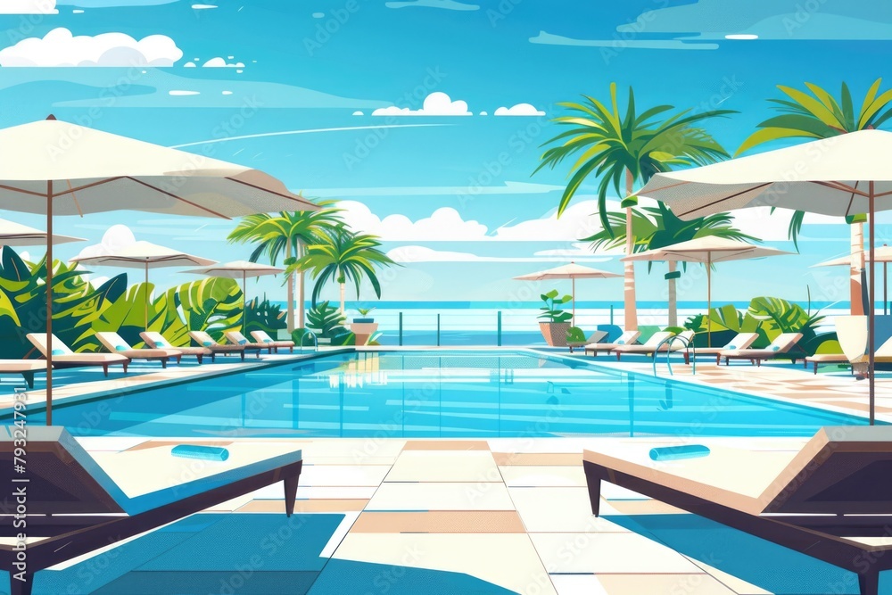 Poster a serene scene of a large swimming pool with lounge chairs and umbrellas. ideal for travel and leisu