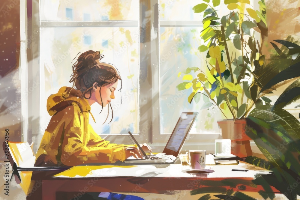 Poster A woman sitting at a desk in front of a laptop computer. Suitable for business and technology concepts