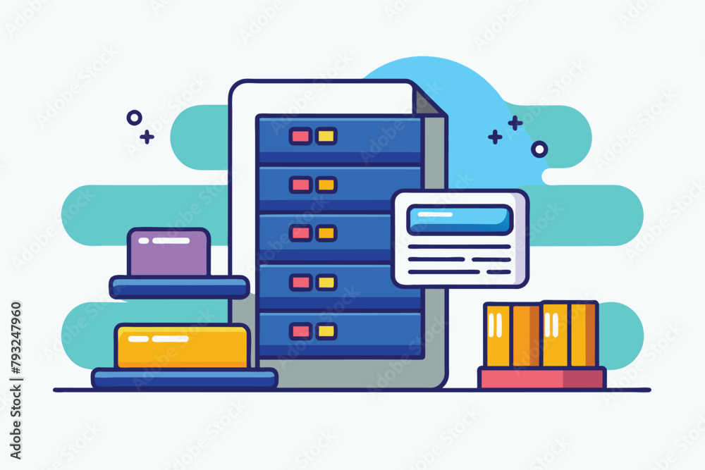 Poster tablet and stack of books, organizing data storage and file archive on server or computer, simple an