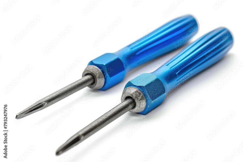 Poster a pair of blue screwdrivers on a white surface. ideal for construction and diy projects