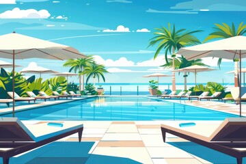 A serene scene of a large swimming pool with lounge chairs and umbrellas. Ideal for travel and leisure concepts