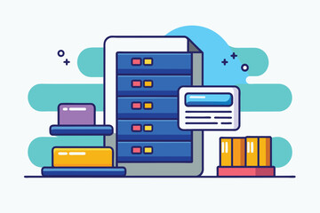 Tablet and Stack of Books, Organizing data storage and file archive on server or computer, Simple and minimalist flat Vector Illustration