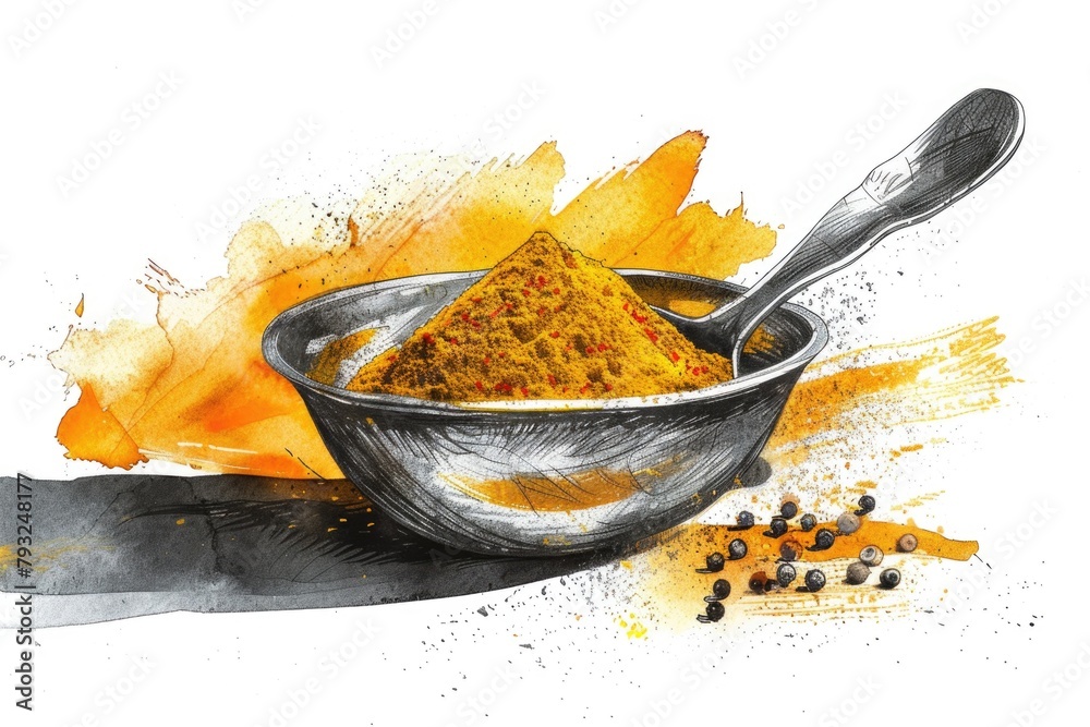 Poster A drawing of a bowl of spices with a spoon. Perfect for culinary concepts