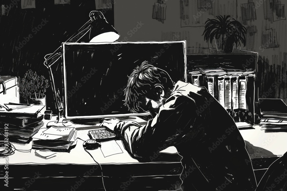 Poster A man sitting at a desk in front of a computer. Suitable for business and technology concepts