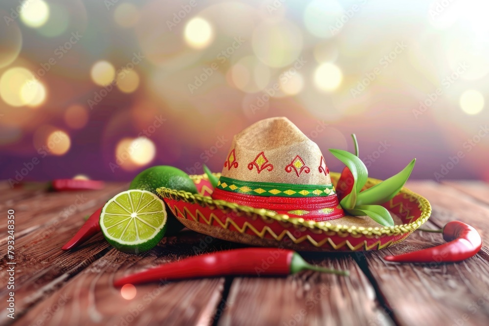 Aufkleber A sombren with lime and chilis on a wooden table. Perfect for food and spice related projects