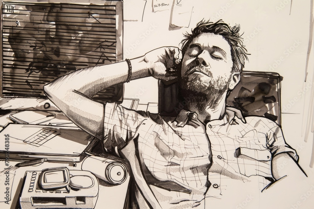 Poster A black and white drawing of a man using a cell phone. Suitable for communication concepts