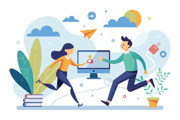 A man and a woman are running towards a computer screen, Partnership runs online business, Simple and minimalist flat Vector Illustration