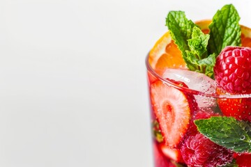 a close up of a glass filled with strawberries , raspberries and mint leaves