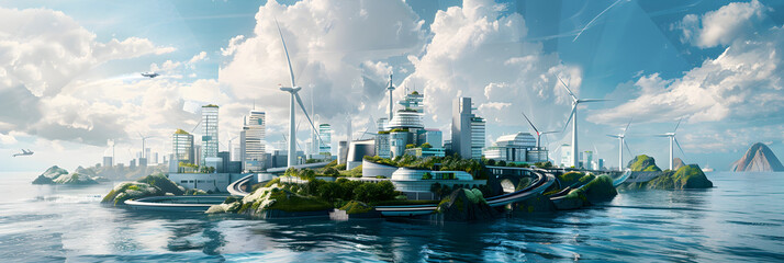 Futuristic Green City: Innovative Solutions against Rising Sea Levels and Climate Change - obrazy, fototapety, plakaty