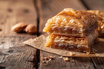 A stack of pastries on a wooden table, perfect for bakery or food-related designs