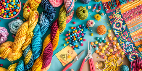 Colorful crafting table with yarns, beads, and woven fabric on a turquoise background.