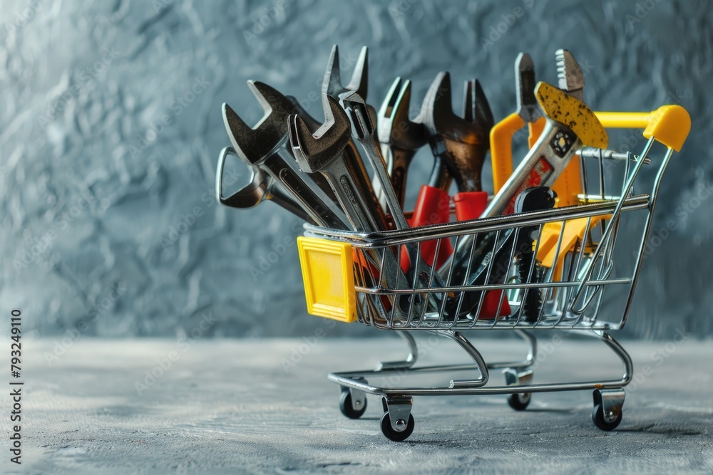 Aufkleber tools in a shopping cart on a table, perfect for diy projects