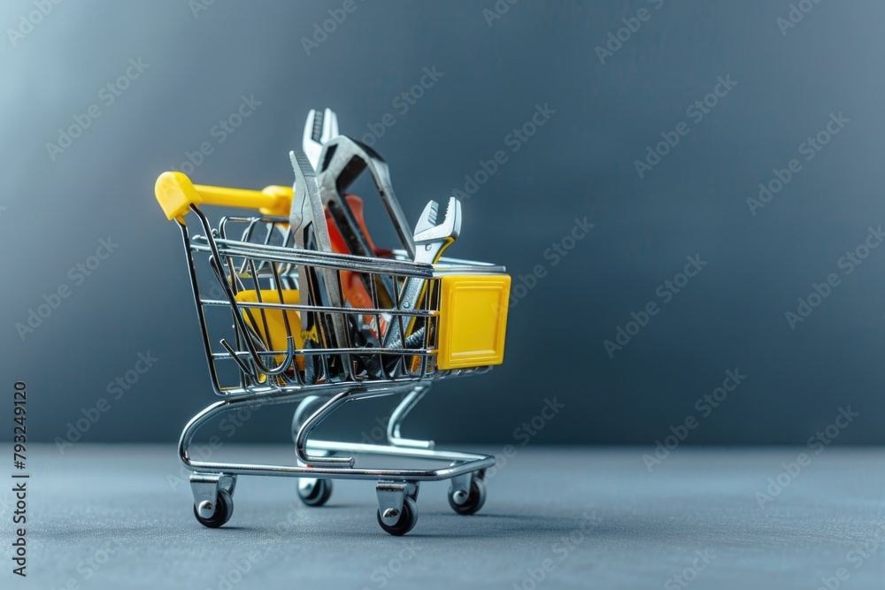 Poster a shopping cart filled with tools on top of a table. ideal for home improvement projects