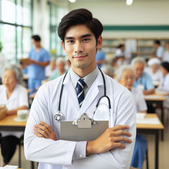 Front view of realistic style male doctor and healthcare staff in a confident and calm attitude, in a nursing home showing reliability.