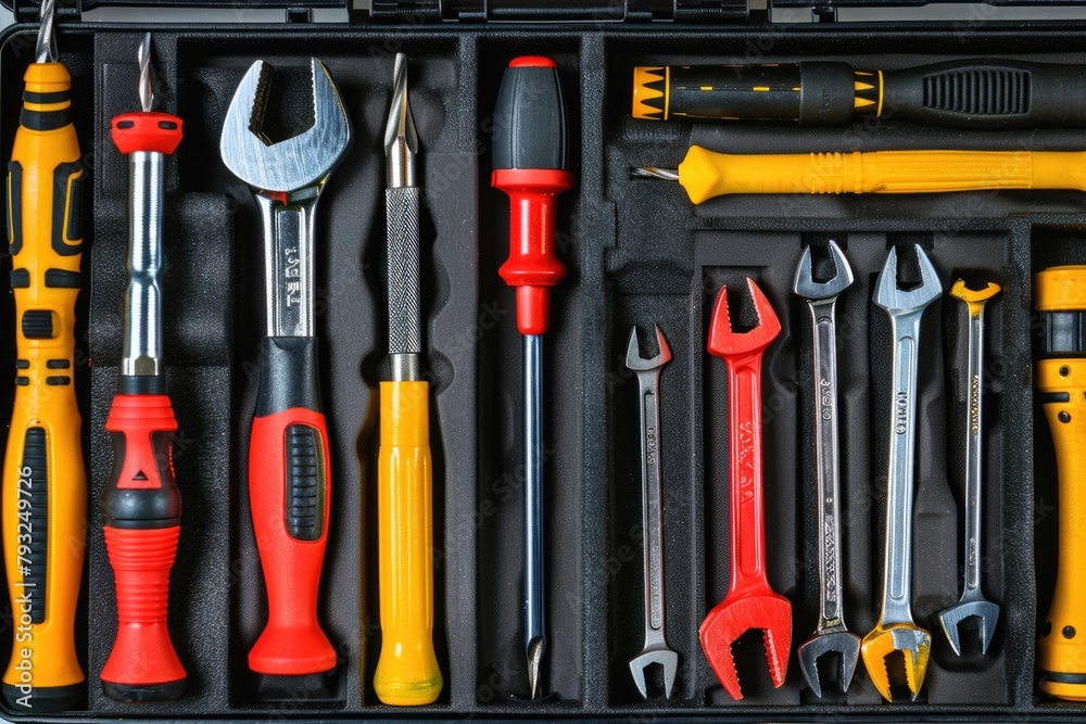 Poster Various types of tools neatly organized in a toolbox. Suitable for construction or DIY projects