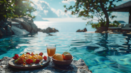 Breakfast in swimming pool, floating breakfast in luxurious tropical resort, Table relaxing on calm...