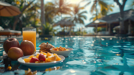 Breakfast in swimming pool, floating breakfast in luxurious tropical resort, Table relaxing on calm...