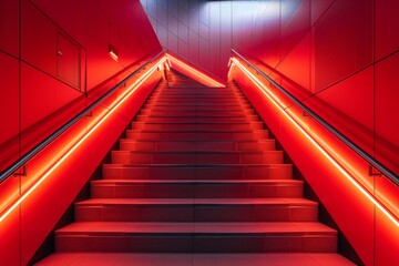 Modern Staircase with LED Lighting in a Bold Crimson Red Public Building, Perfect for Innovative Architecture and Design Magazines - Powered by Adobe