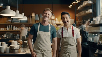 Join two passionate entrepreneurs on their journey of coffee shop management, depicted in a lifelike HD image that highlights their teamwork, creativity, and commitment to delivering exceptional