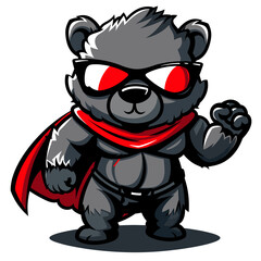 A cartoon bear with a red cape and sunglasses on his head