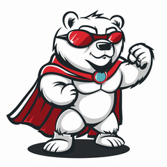 Polar bear superhero wearing red cape and red sunglasses. Vector illustration.