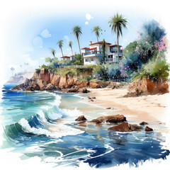 Watercolor Beach Landscape, clipart Illustration, Generative Ai