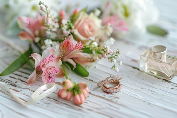 Wedding rings and bouquet of flowers on a table, ideal for wedding invitations or bridal concepts