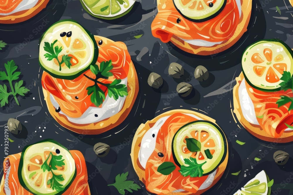 Poster a variety of food items displayed on a table. ideal for food and dining concepts