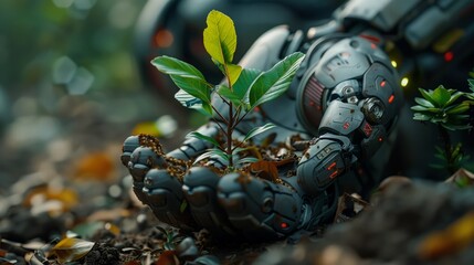A robot planter is perched atop a mound of soil, ready to sow seeds and nurture plants in a futuristic setting.