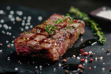 A piece of meat with a sprig of thyme on a black plate. Suitable for food blogs and restaurant menus - obrazy, fototapety, plakaty
