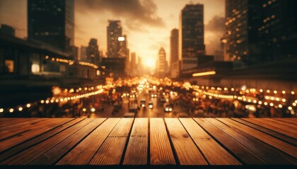 Golden Sunset Over Urban Skyline from Wooden Platform Perspective

