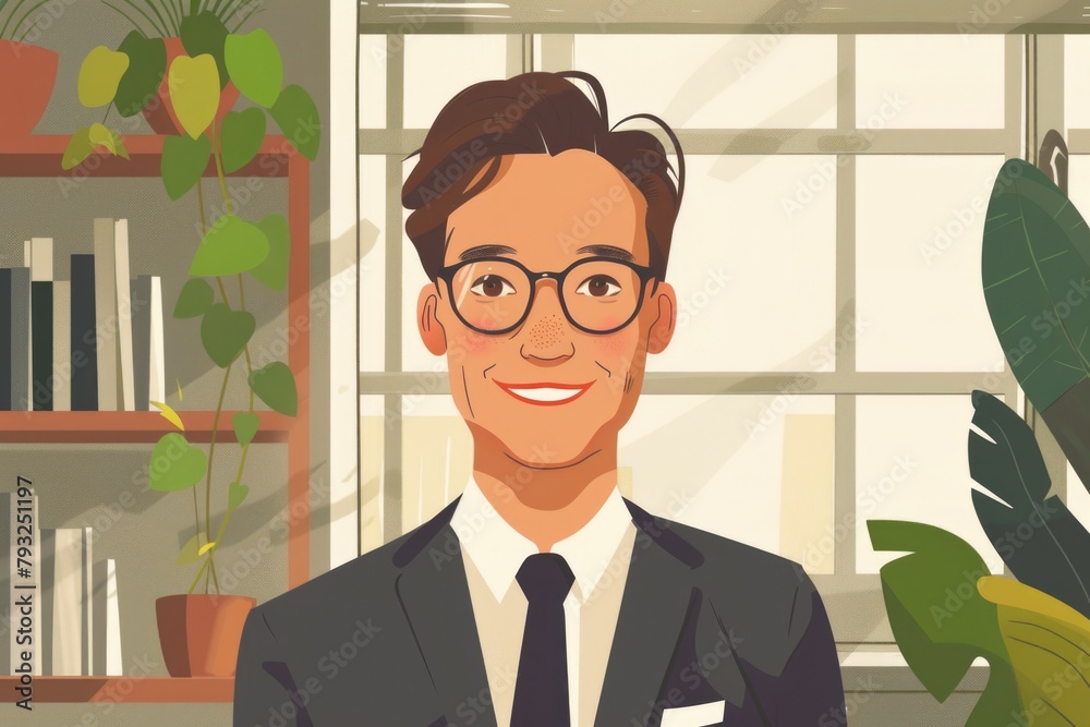 Poster A man in a suit and tie standing in front of a window. Ideal for business and office concepts
