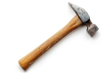 A hammer with a wooden handle on a white surface. Suitable for construction or DIY projects